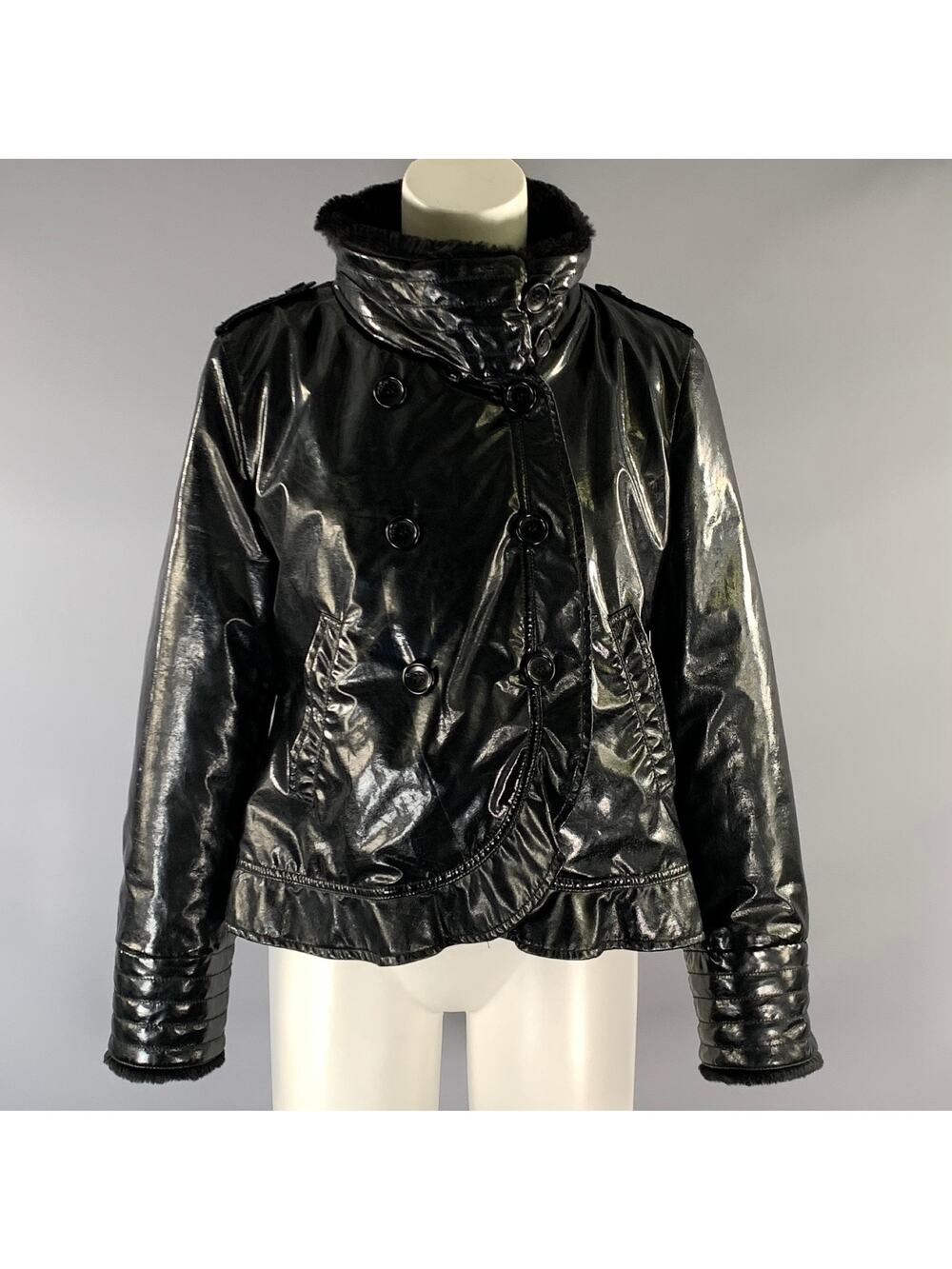 ARMANI COLLEZIONI Size 6 Black Polyurethane Ruffled Double Breasted Coat